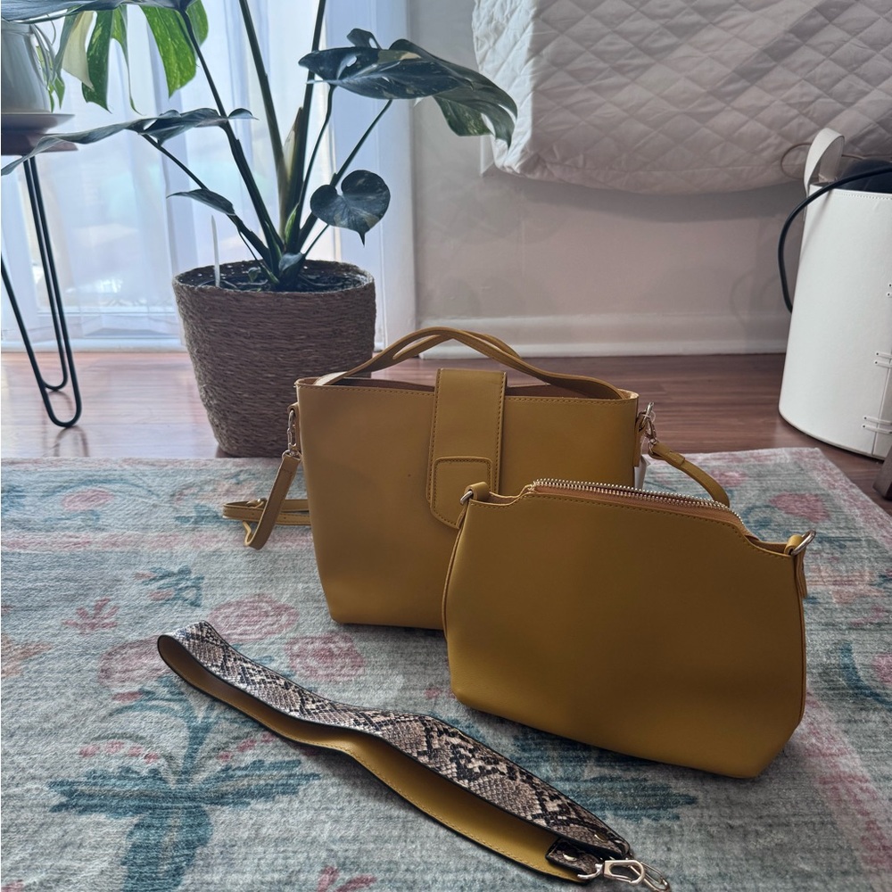 Women’s Vegan Mustard Yellow 2-Piece Handbag - Stylish Everyday Tote with Pouch
